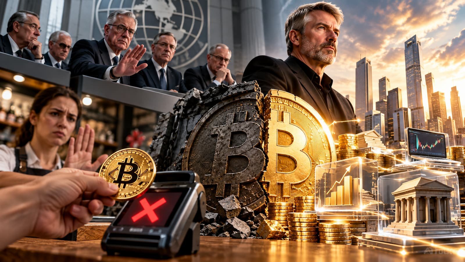 Un estudio del BPI cuestiona Bitcoin como dinero diario y Saylor lo trata como capital.
